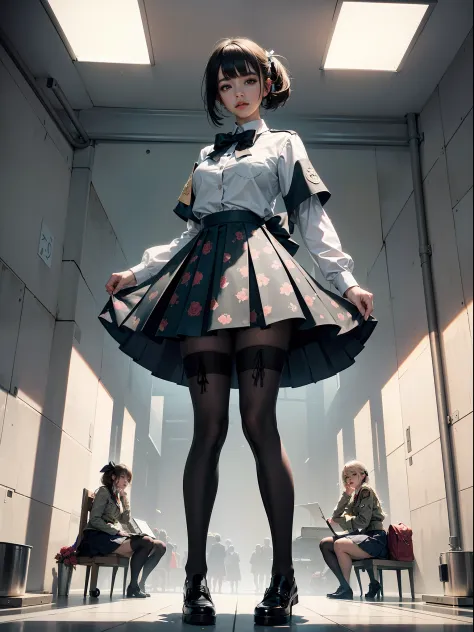 (full body:1.5)，(1girl:1.3),(looking at viewer:1.4)，(anatomy correct:1.3)，(In the paradise of the day:1.3),(Wearing Very thick Printed Pantyhose and World War German Style JK uniform printed pleated skirt and JK uniform leather shoes with bow decoration :1.3), (A high jump posture:1.3),(In pink|amarelo|blue colors|green color|red colour|white colors|black in color|purpleish color|greys|Beige|Flesh color 1.4)，,(Accurate and perfect face:1.4),(Clothing Gloss:1.25),(Skin reflection:1.25),hyper HD, Ray traching, reflective light，structurally correct, Award-Awarded, high detal, lightand shade contrast, Face lighting，cinmatic lighting, tmasterpiece, super detailing, high high quality, high detal, best qualityer, 16k，high contrast,