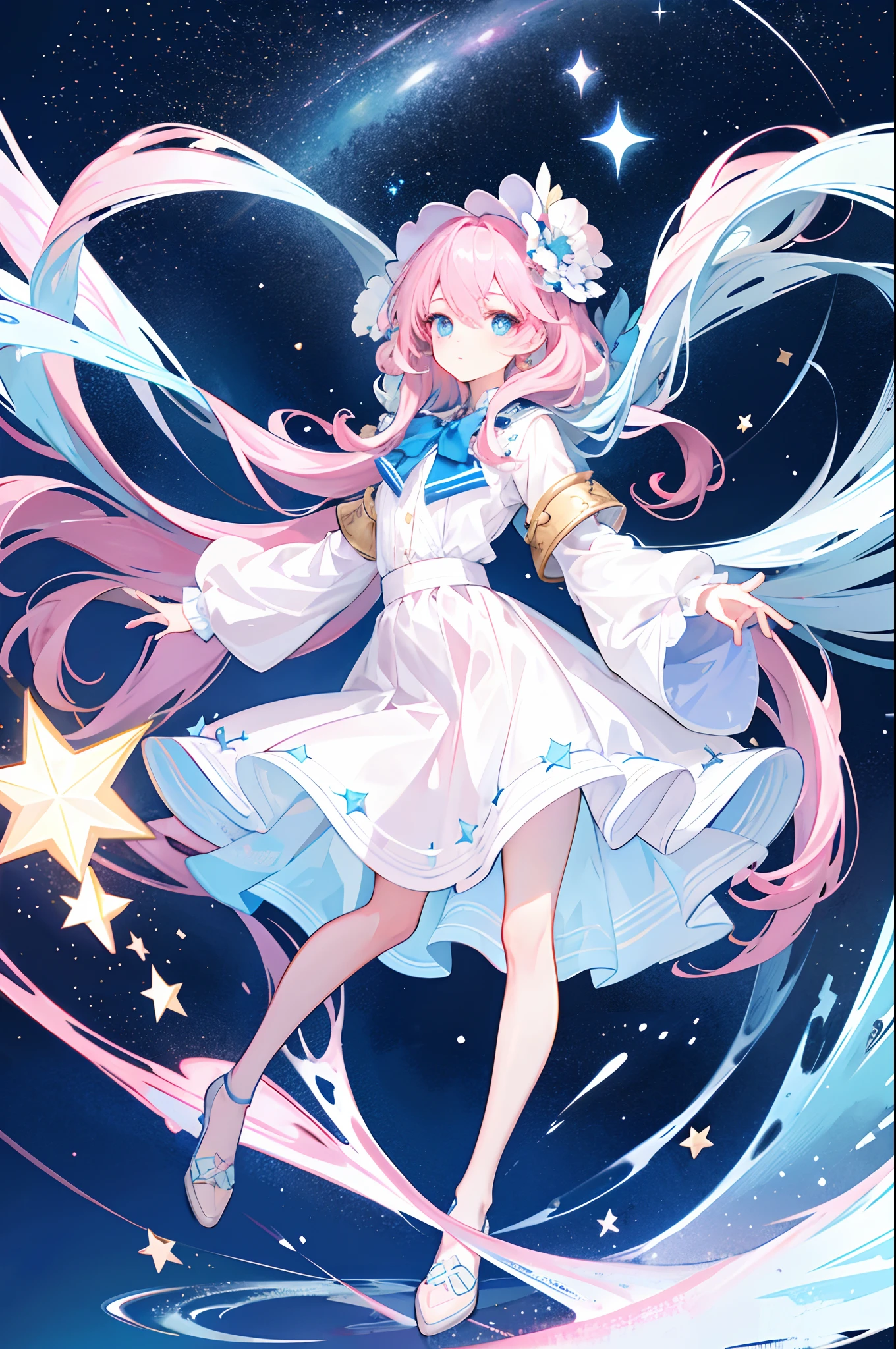 1 girl with light pink hair, Long slightly curly hair, Light blue eyes, , stars, galaxias, Starcloud, Detailed eyes, Perfect full-body portrait, Preppy magic, entire body image, confidence, Flash