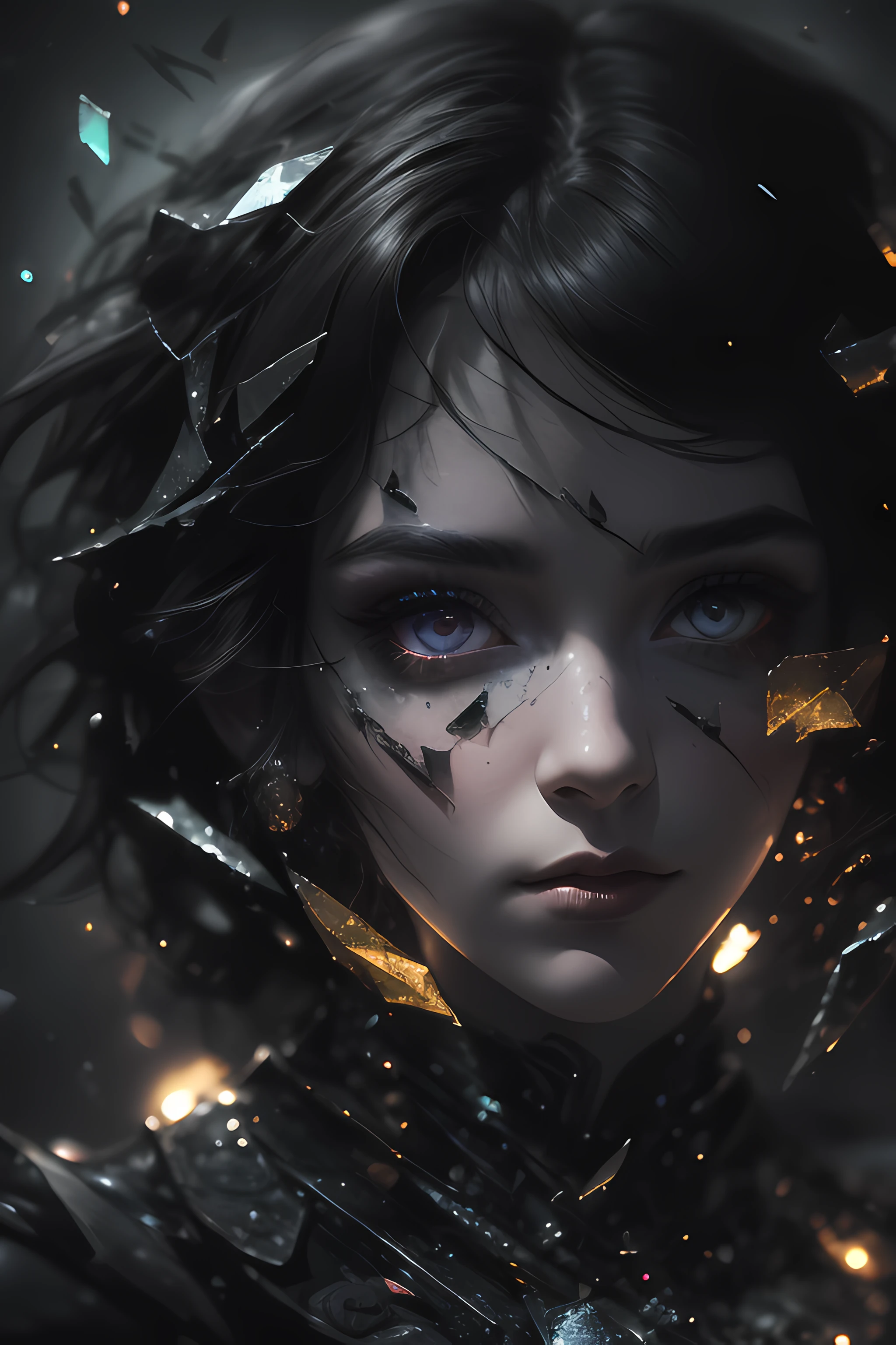 (Detailed background,Dark fantasy), (Beautiful detailed face), High contrast, (Best illumination, An extremely delicate and beautiful), ((Cinematic light)), Colorful, hyper-detailing, Dramaticlight, Intricate details, (1 girl, Solo,Black hair, sharpy face,Red eyes, hair between eye,Dynamic Angle), blood spatter, swirling black light around character, Depth of field,Black light particles,(Broken glass),