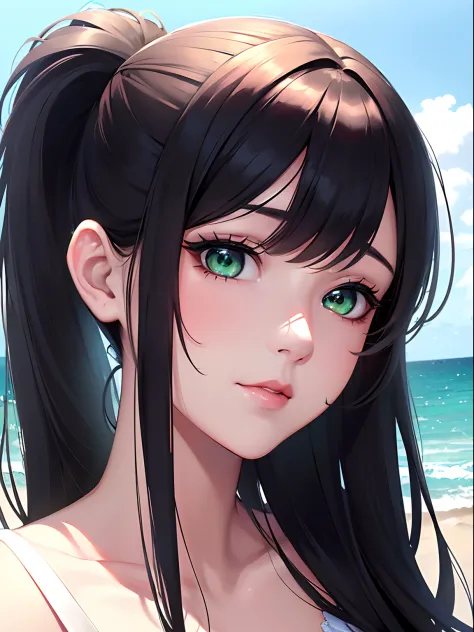 NFSW, 1 Lady,  Face, (((1 Lady:1.37, Solo))), (((Close-up of the face))), (Beautiful face, Cute face, Detailed face), ((( Black hair, Semi-long hair, Hair pulled back, side poneyTail))), (((Detailed beautiful green eyes))),toppless,  BREAK, (((Sunny))), ((...