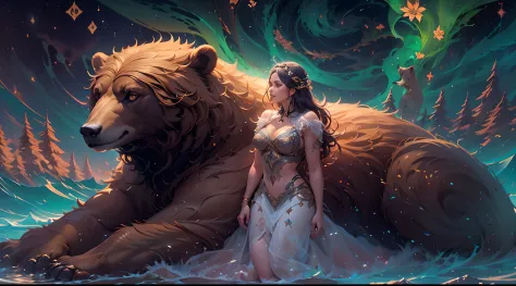 Beneath the mystical glow of the Northern Lights, a young woman reclines gracefully on the back of a majestic brown bear. They rest on a bed of soft, luminescent moss that emits an otherworldly light. The environment is a blend of fantasy and reality, with...