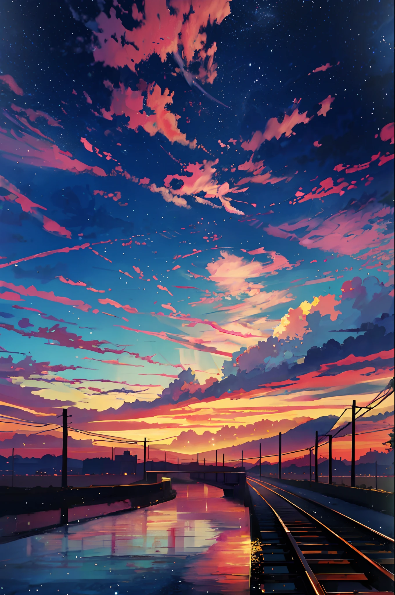 Anime train crossing track in sky background, beautiful and harmonious scene, exquisite animation, rich details (width is 672), high quality, clarity 4k, artistic 4k wallpaper, stunning anime landscape, 8k art wallpaper.