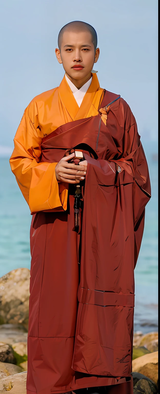 1 little monk，Age is about 4 years old，Libido boy，bald-headed，Arafardian monk in red robe standing on a rocky beach, buddhist monk, monk clothes, full body picture of a male monk, Monk's robe, Buddhist monk meditation, wearing brown robes, portrait of monk, monk, monk meditation, wearing a long flowing robe, wears a long robe, Buddhist, wearing a long flowing robe, 2 1 st century monk, dressed in simple robes