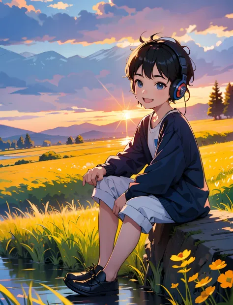 A happy little boy，Dressed in casual attire，Bring headphones，Sit on the rocks of the meadow，The background is the village，Sunset and sunset，Face the camera，Full body photo，Ultra-high definition