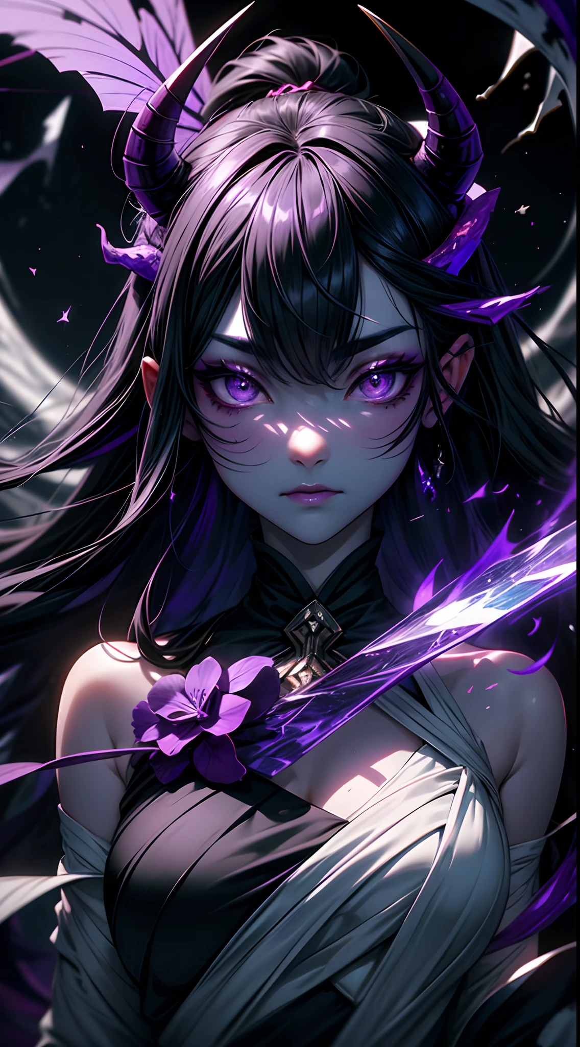 oni, demon girl, ethereal scars on face, twisted horns, midnight black hair, otherworldly, iridescent ((violet skin)), astral plane, hovering among stars, transcendent meditation, detailed face, spectral staff, flowing robes, wholesome