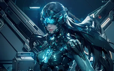 ((best quality)), ((masterpiece)), (highly detailed:1.3), 3d,rfktr_technotrex, beautiful cyberpunk woman with voluminous hair ha...