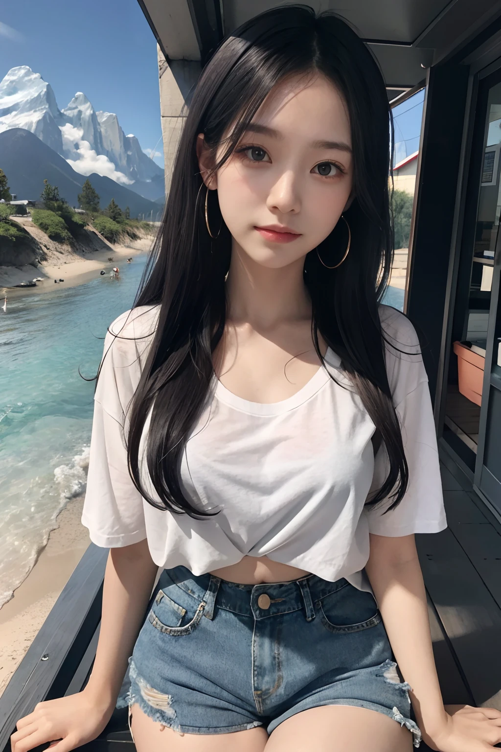 best qualtiy，tmasterpiece，Ultra-high resolution，（realisticlying：1.4），RAW photogr，（Evening Street），1个Giant Breast Girl，黑The eye，Fine eyes，double eyelid ，long leges，long whitr hair，Light makeup，ssmile，tiny ears，whitet-shirt，denim short，Beautiful Women with Perfect Figure:1.4, （exteriors，beachside：1.1），There are mountains and waters，There are trees