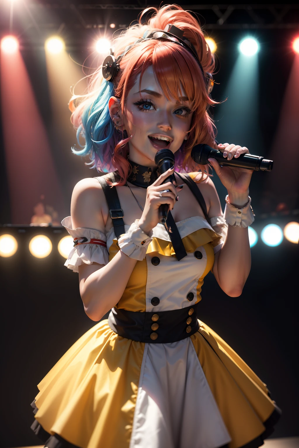 A shallow smile, , multicolored hair, Cinematic lighting, viewfinder, From above, Lens flare, Bokeh, 8K, Super detail, ccurate, Best quality, tmasterpiece，Colorful clothing，Sing with a microphone on stage，Sing with a microphone，mouth open singing