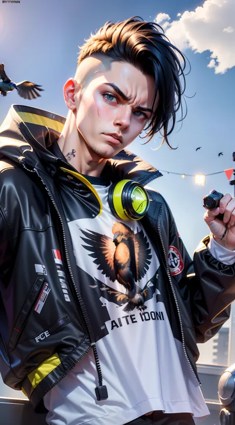 ((8K Resolution)), ((Character)), 1boy, 20y.o, black jacket, waite t-Shirt,angry face, earphon on a neck,pistol on a arm, wait a...