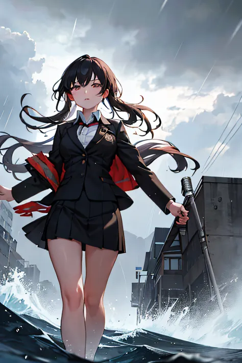 best quality,masterpiece,1girl,office girl, skirt, walking, typhoon, suit, working, stormy weather, determination, in the storm,...