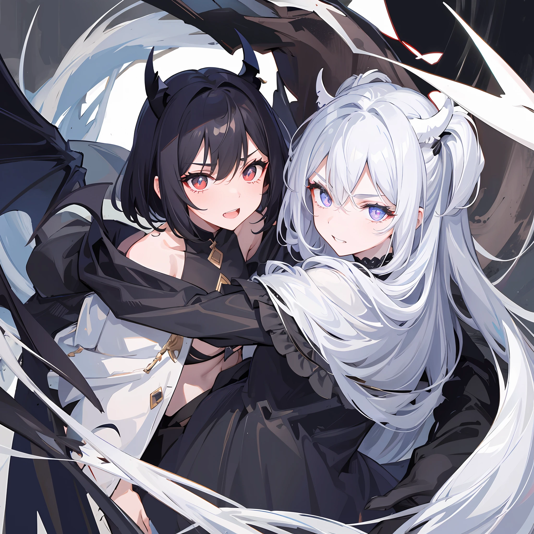 Social media avatar with two vampire girls on their shoulders , black short hair, White long hair, demon wings, the night, luna, Dark colors, ghotic style, Shoulder-length photos, Creepy style, Mommy Vibe, Two vampires , Crazy, close - up , Strong facial study, Wild expression on his face, anger, Cat's pupils, grin , Long white hair, black short hair