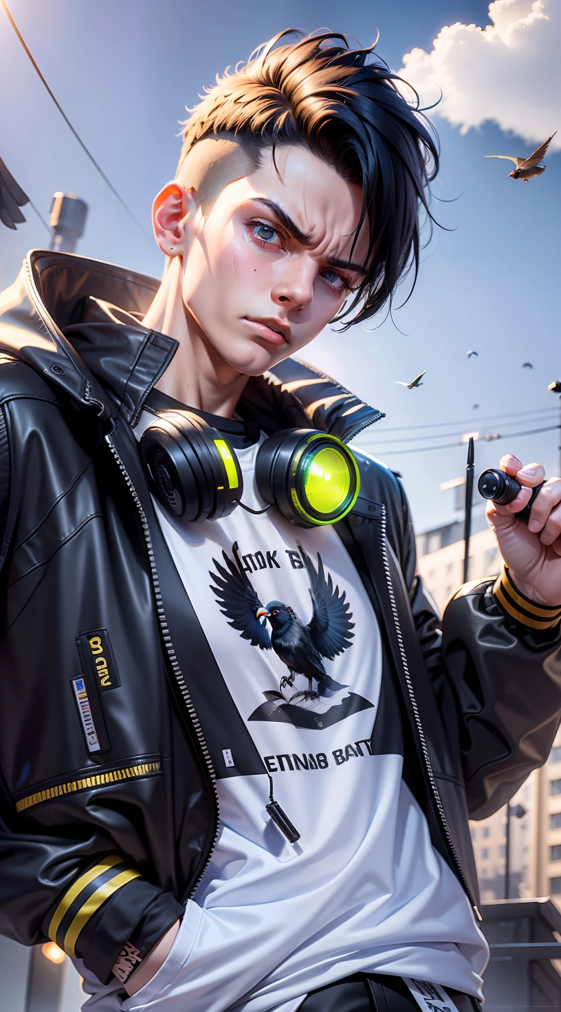 ((8K Resolution)), ((Character)), 1boy, 20y.o, black jacket, waite t-Shirt,angry face, earphon on a neck,pistol on a arm, wait and black hair, short hair, draw bird on a t-Shirt, Realistic, Ultra detail