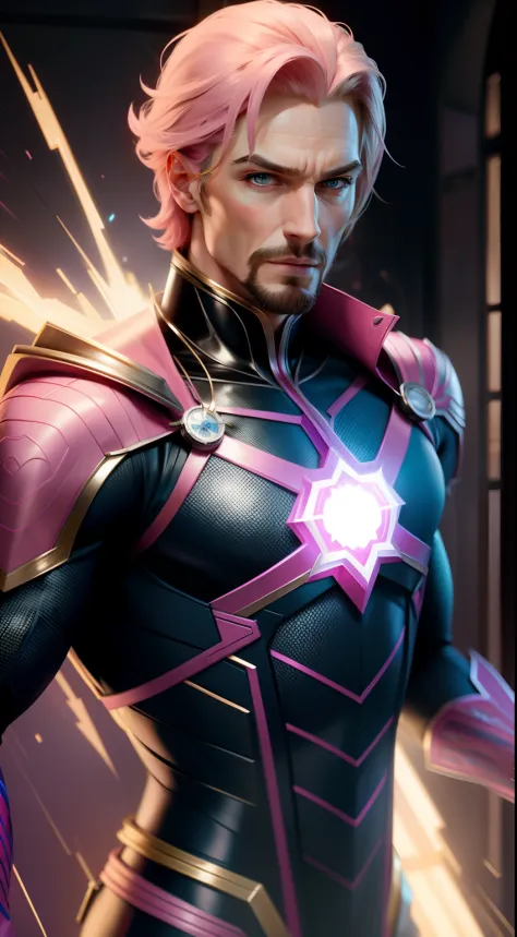 "in a barbie world, a man wearing a doctor strange suit, with a touch of pink.",look like men, realistic