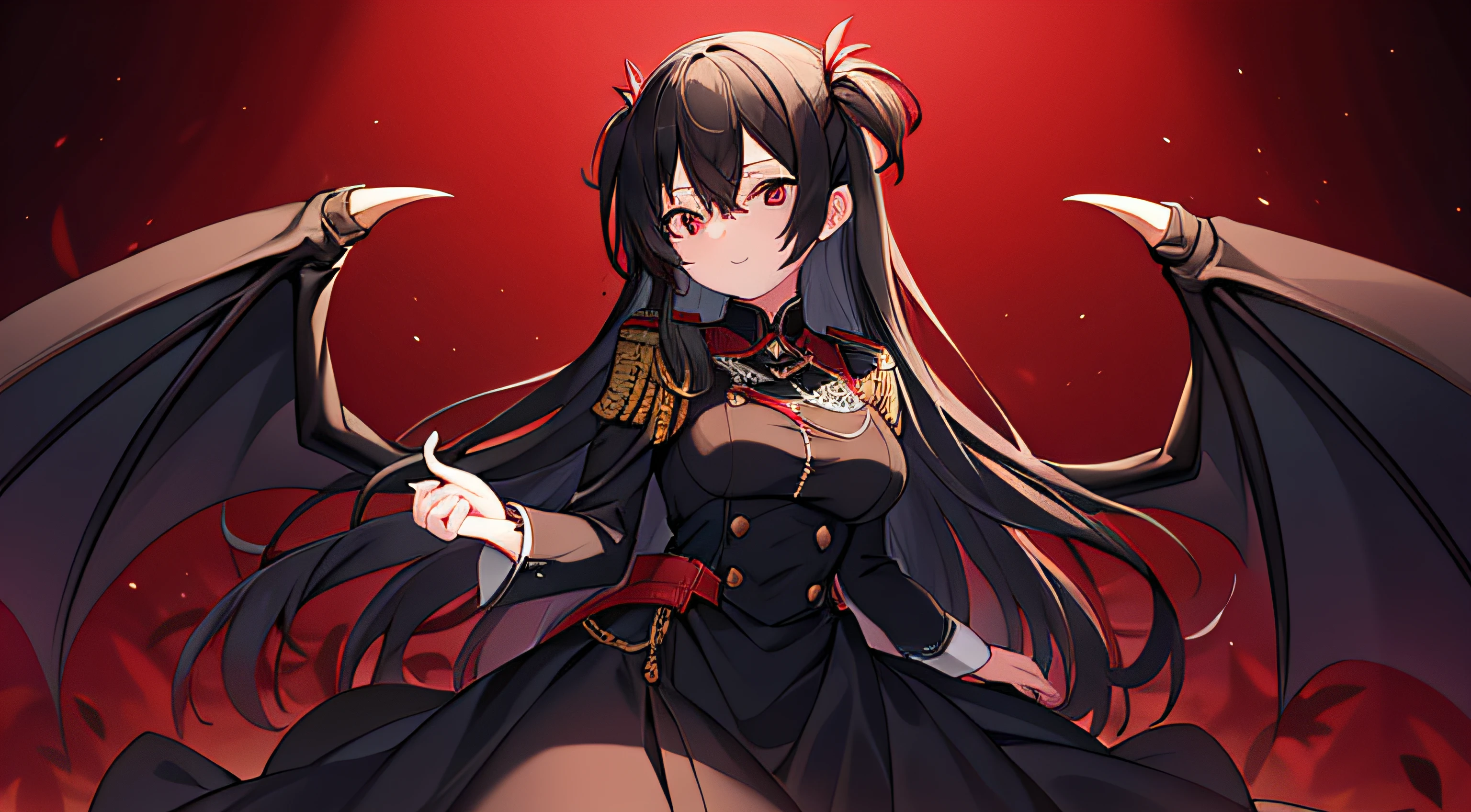 A woman with long black hair，Red eyes，Vampires，It has six pairs of wings on its back，The color of the German uniform is German gray，Red and black color scheme on background，Facing the lens