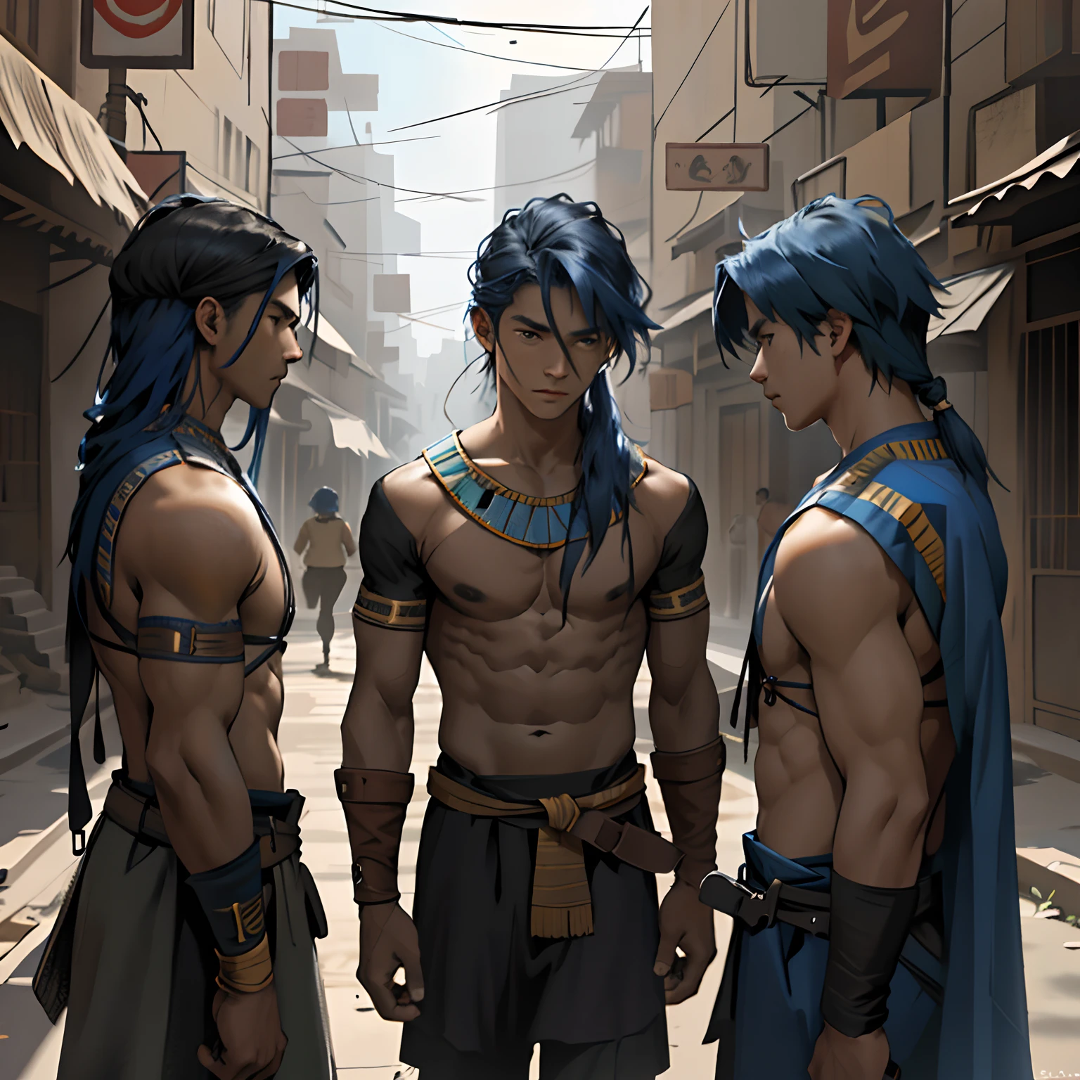 A group of 3 friends aged 13 and 14 form in a defensive position in the war years., They are talking about how to defend themselves from the enemy army when they invade the city 14 years of blue hair, The 14-year-old boy with straight hair with his back uncovered and his chest bare but dressed in typical clothes of ancient Egypt with dark skin walking lost through the different streets of a city is noon. doferentes angulos mira la ciudad desde lo slto de una colina.