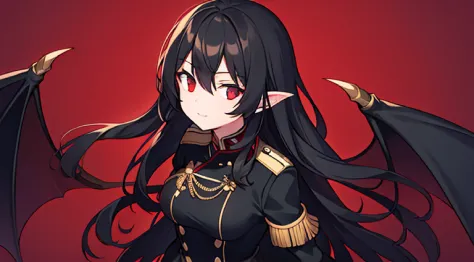 A woman with long black hair，Red eyes，Vampires，It has six pairs of wings on its back，The color of the German uniform is German g...