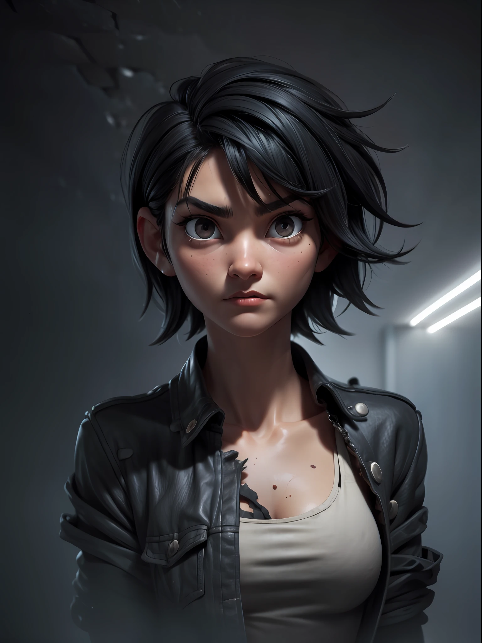 1girl, short black hair messy, black eyes, psycho look, gray haze around, peeking out upper body, dark cave, Ripped clothes, 16k