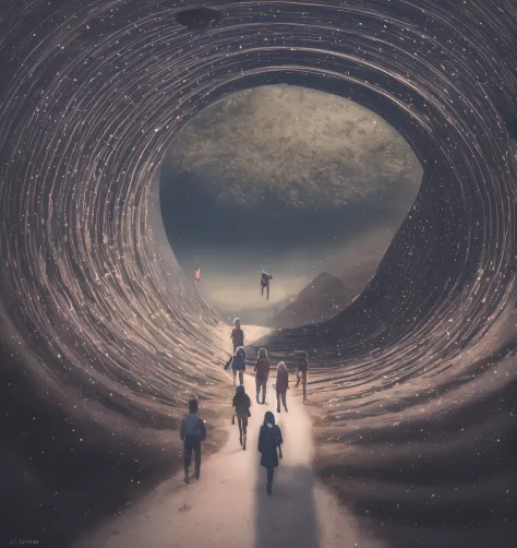 Digital art of a group of people walking on a road with a purple swirl, surreal collage, collage style joseba elorza, tunnels lead to different worlds, portal to another universe, vortex portal banish the elders, portal to another dimension, interstellar i...