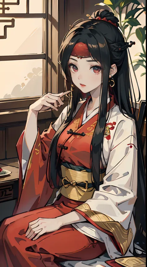 A woman dressed in red, with a hairpin on her head, sitting, large breasts, exposed breasts seen from below, gold crown, girl, Chinese style, artist, black hair, raindrops, Chinese clothes, clothes, earrings, hair accessories, (Hanfu :1.4), interior, jewel...