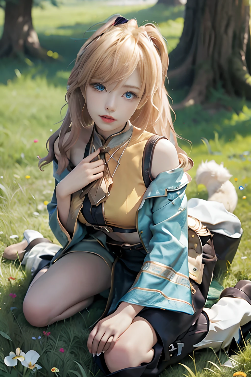 （tmasterpiece，best qualtiy，Bigchest，photorealestic，Realiy，a picture：1.4），Ji Xiaoman，blond hairbl，（ulzzang-6500-v1.1：0.7），very cute face，eBlue eyes，The upper part of the body，Bigchest，Realiy，Kneel on the grass，photore，