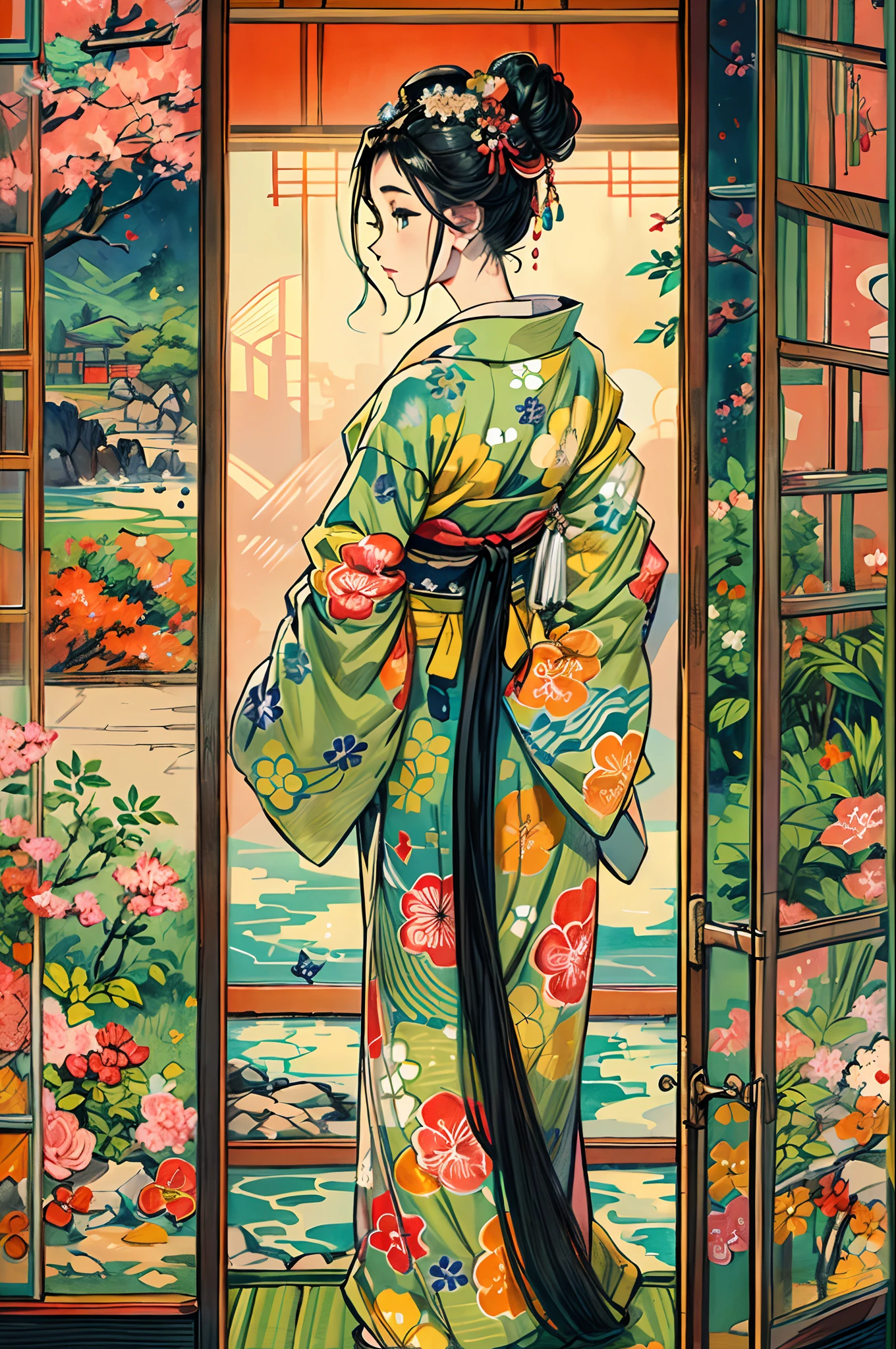 "(令人驚嘆的傑作，品質無可挑剔:1.5), 從前側視圖拍攝, 具有充滿活力和飽和的色彩, 一個有著黑髮和精緻的臉龐的美麗女孩, 從自下而上的角度來看, 身著傳統和服, 以日本風景優美為背景, 被榻榻米的正宗氛圍包圍, 開著的窗戶構成了場景."