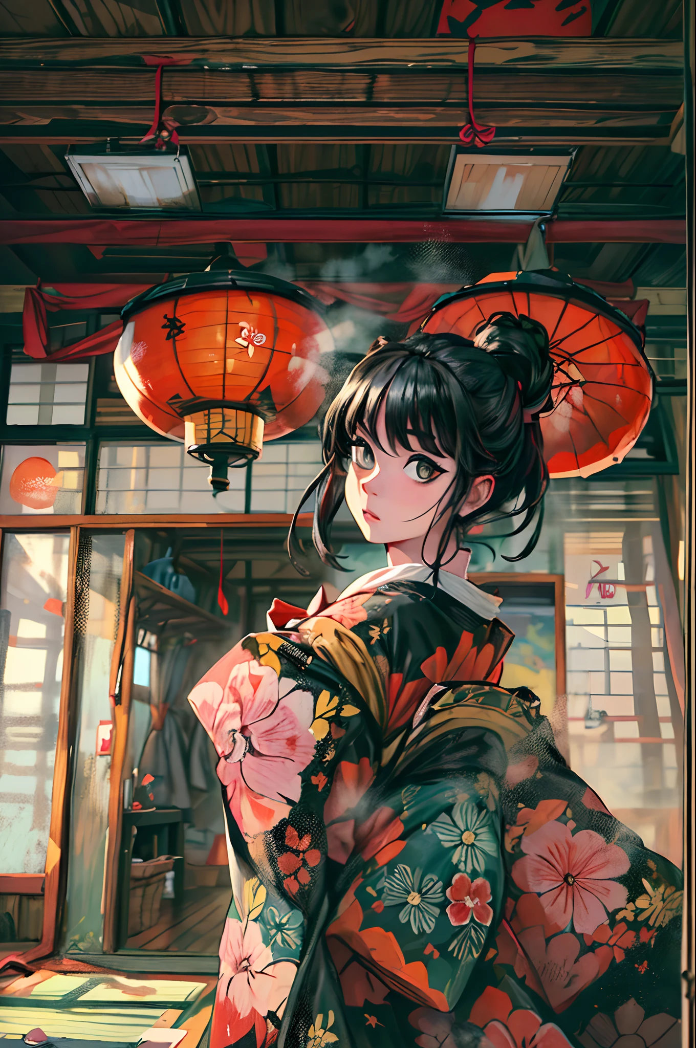 "(A stunning masterpiece with impeccable quality:1.5), captured from a front side view, featuring vibrant and saturated colors, a breathtakingly beautiful girl with black hair and exquisitely detailed face, viewed from a bottom-up perspective, dressed in a traditional kimono, set in the scenic beauty of Japan, surrounded by the authentic ambiance of tatami mats, with an open window framing the scene."