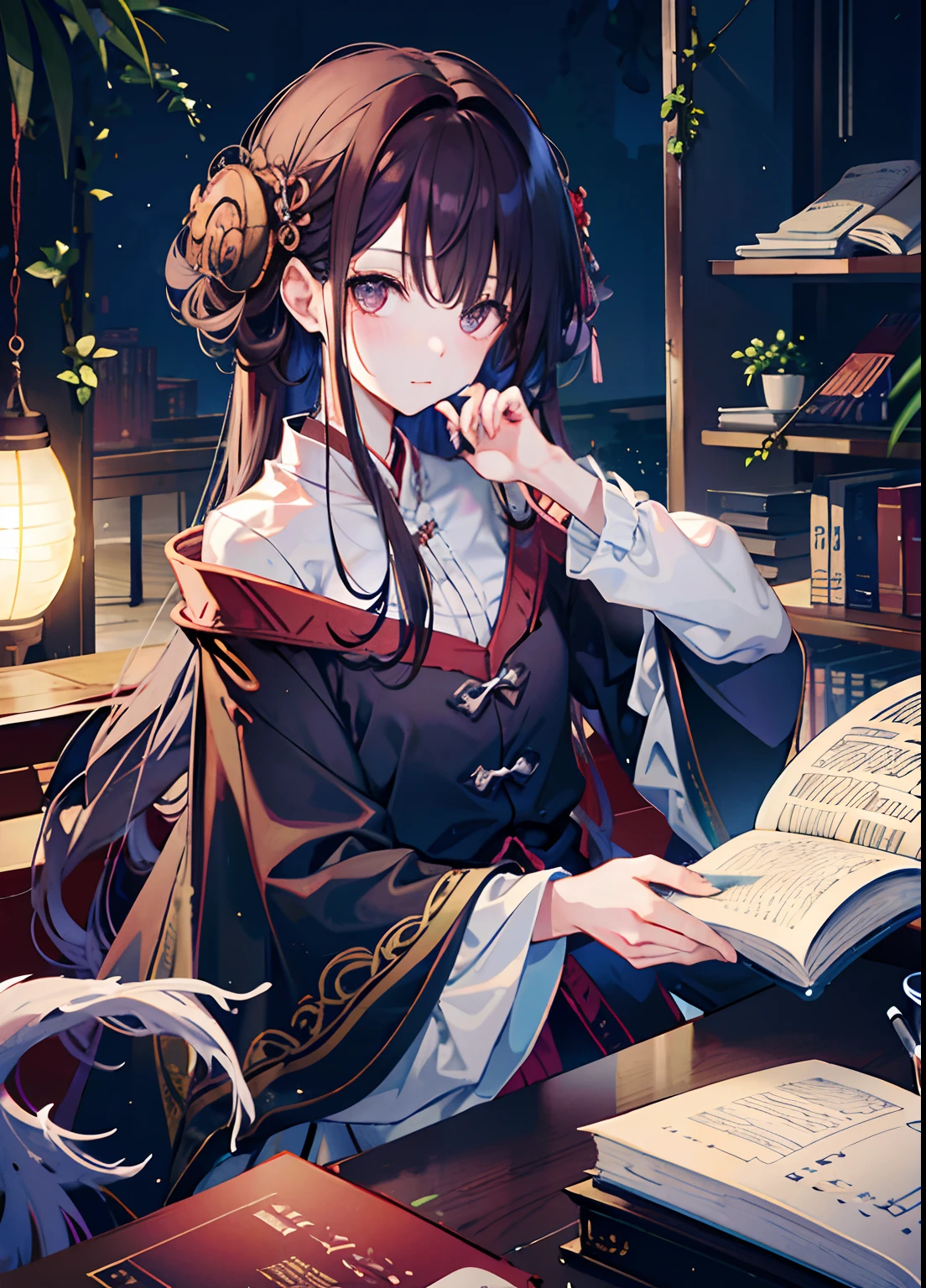 1. The character：Zhixia sat in the quiet library，Look intently at the book，Big wavy curls of dark brown hang lightly over your shoulders，She turned slightly sideways，Fingers gently turn the pages，The gaze reveals a thirst for knowledge and an interest in exploration。