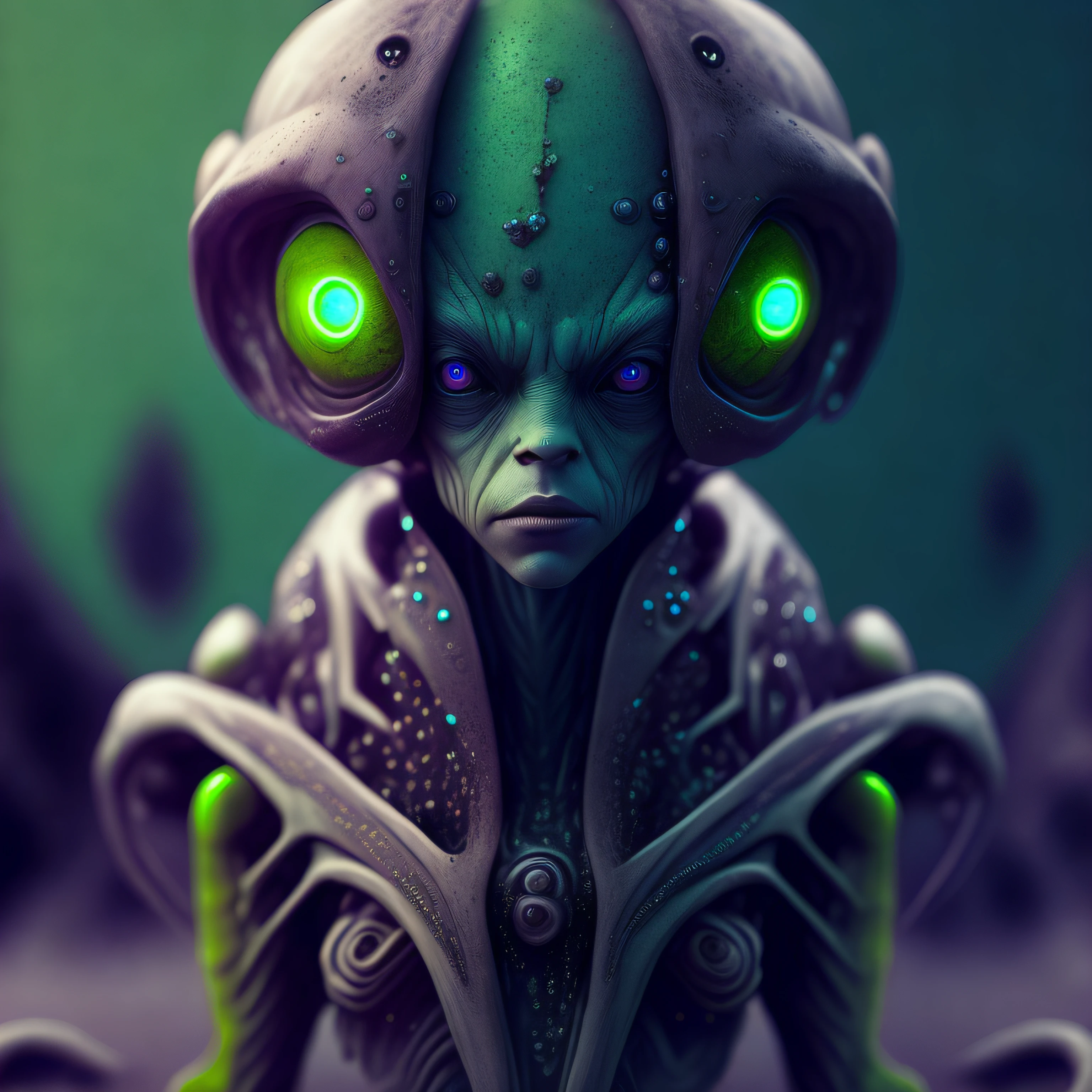 fking_scifi_v2, full body portrait of an alien, large eyes, slick skin, slime, 80mm, f/1.8, dof, bokeh, depth of field, subsurface scattering, stippling