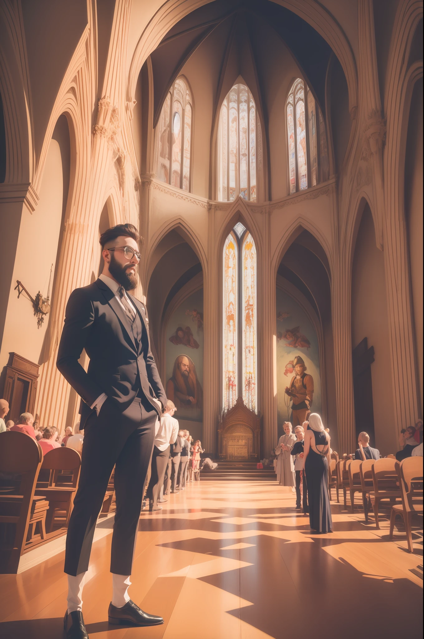 une peinture d&#39;un homme avec une barbe et une barbe debout dans une église, inspiré par Richard Dadd, inspiré de Ford Madox Brown,bgill55_art, art promotionnelwork, art promotionnel, movie image promotionnelle, inspiré par Grayson Perry, alambic alambic, dans un château sur une planète extraterrestre, Fantasme anachronique, Inspiré par David LaChapelle, image promotionnelle