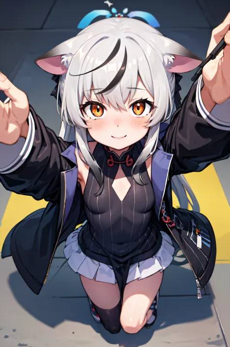 masutepiece, top-quality, ultra-details, Solo Focus, 
(1KOKONA, open arms for viewer), 
pigeon toed, 
small tits, White hair, Orange Eye, Smile:0.8, blush:1.3, 
Black clothes, Black jacket, White skirt, 
(From-front-above, Close-up Face:1.6 portrait),