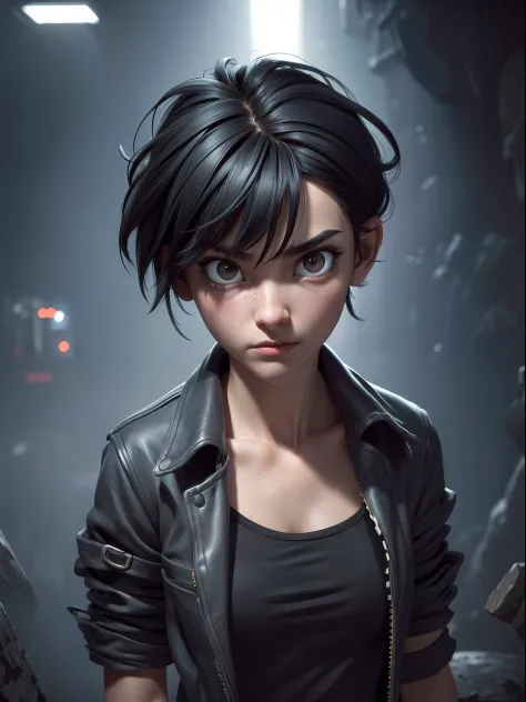 1girl, short black hair messy, black eyes, psycho look, gray haze around, peeking out upper body, dark cave, Ripped clothes, 16k