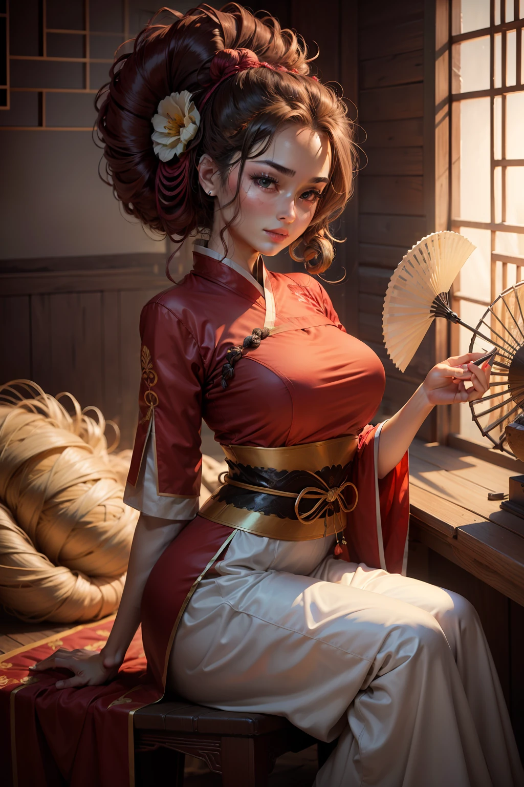 Cinematic lighting, 8K, Super detail, ccurate, Best quality, tmasterpiece，Coiled hair，winking，Playful wink，Fan in hand，Backshot，Sit on a stool frontally，Hair coiled up，Unfold it with a large fan，Wearing ancient Chinese costumes，wearing a hanfu，Loose clothes，The chest is not big，Hair coiled up