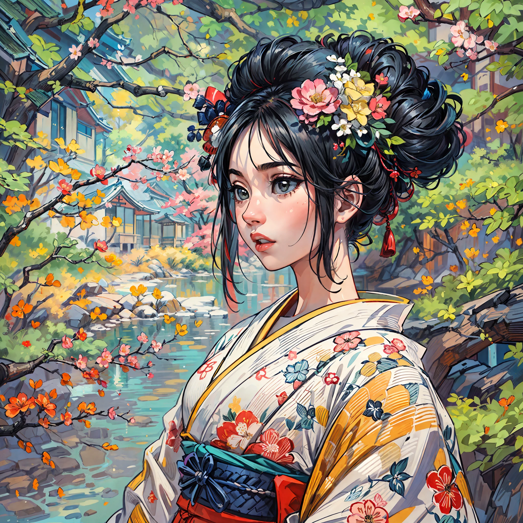 "(Un chef-d&#39;œuvre époustouflant d&#39;une qualité irréprochable:1.5), capturé à partir d&#39;une vue latérale avant, avec des couleurs vives et saturées, une fille d&#39;une beauté à couper le souffle avec des cheveux noirs et un visage extrêmement détaillé, vu d&#39;un point de vue ascendant, vêtu d&#39;un kimono traditionnel, situé dans la beauté des paysages du Japon, entouré par l&#39;ambiance authentique des tatamis, avec une fenêtre ouverte encadrant la scène."