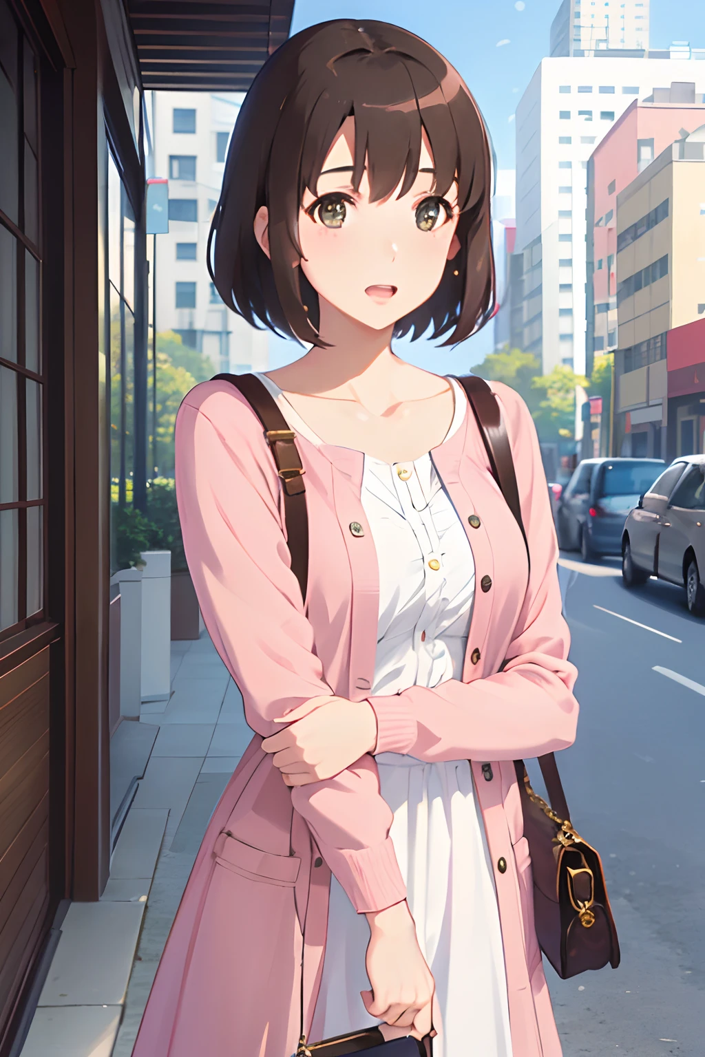 (masterpiece:1.6, best quality), (finely detailed beautiful eyes: 1.2),  ph_katou, katouhdlong, katouhd, 1girl, solo, brown hair, short hair, brown eyes, bag, open mouth, handbag, bangs, shoulder bag, blush, pink jacket,