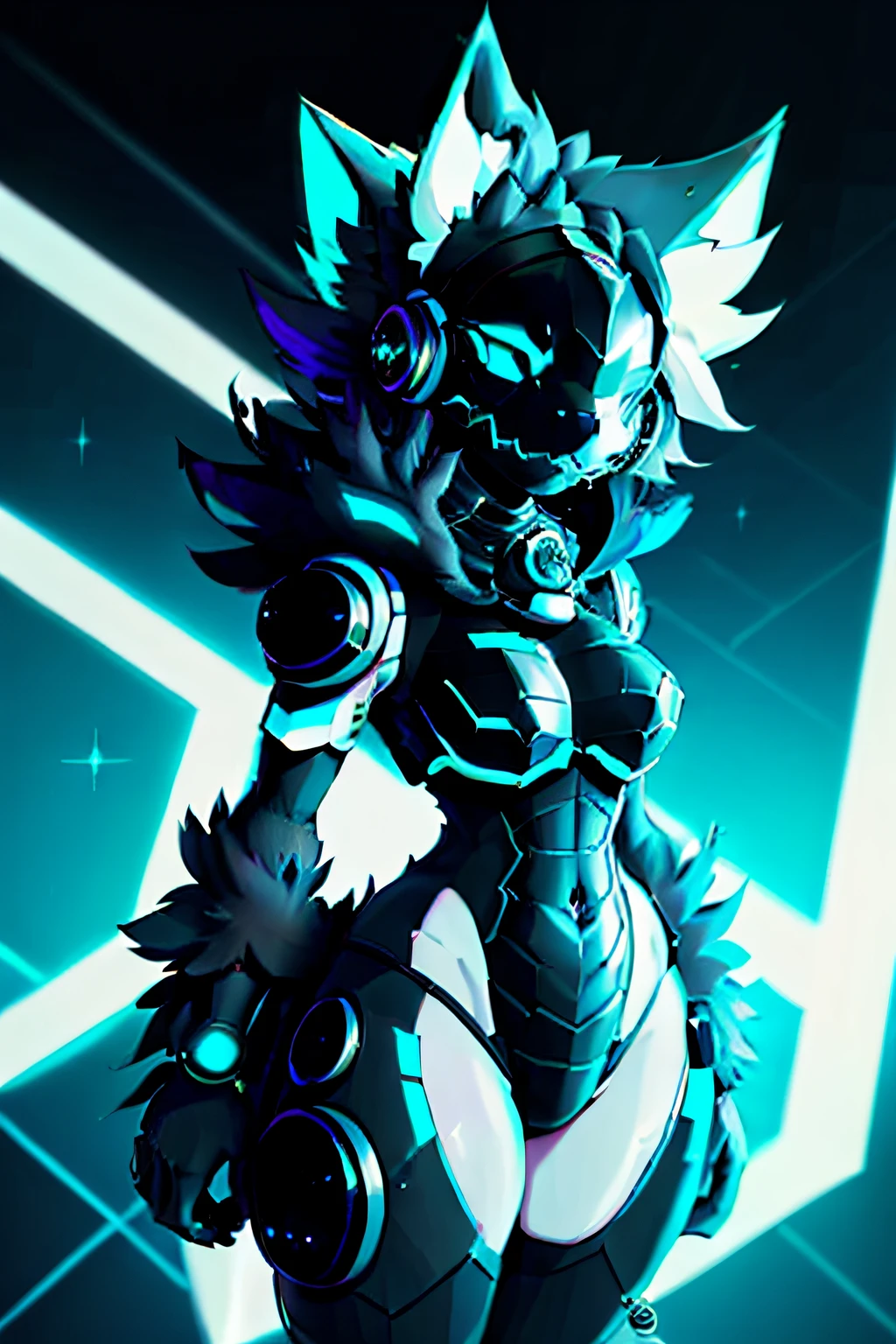 anime big breast, cat, Nero, Weird Void Punk, fursona art, fursona furry art commission, cyber universe style, in style of cytus and deemo, darksynth character portrait, unknown artstyle，Audio voice changer，Black fur，Shiny blue and white striped thighs，Smooth mirror mask，sparkling hair，Stand upright