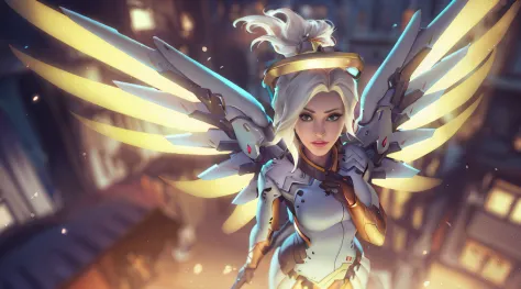 anime big breast, A gray-haired one，Woman with a golden crown on her head, overwatch fanart, mercy from overwatch game (2016), p...