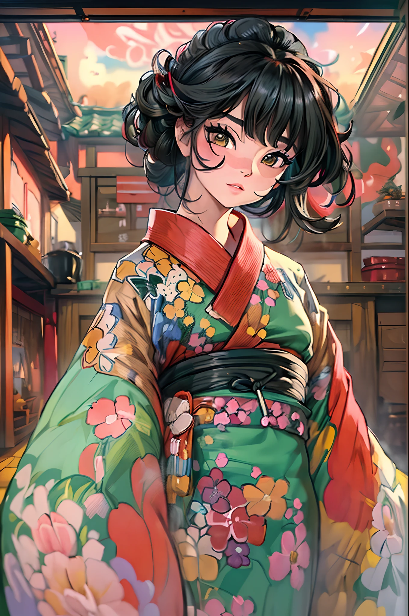 "(Потрясающий шедевр с безупречным качеством:1.5), Снято с видом спереди, с яркими и насыщенными цветами, Умопомрачительно красивая девушка с черными волосами и изысканно детализированным лицом, Взгляд снизу вверх, одетый в традиционное кимоно, Действие происходит в живописной красоте Японии, В окружении аутентичной атмосферы татами, с открытым окном, обрамляющим сцену.", топлесс, нсфв