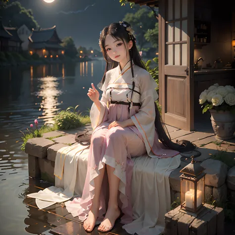 Sitting by the river. stone，Flower lanterns. Big wind. long whitr hair. Tulle translucent period costume, Don costume, Han cloth...