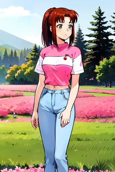 Animate，1girll，Crimson hair, Short pink sleeves，Short pink sleeves，Short sleeves with white stripes in the middle，There is a string of cherries between the pink and white of the clothes， Short-sleeved clothes also have white stripes on the cuffs，mediuml br...