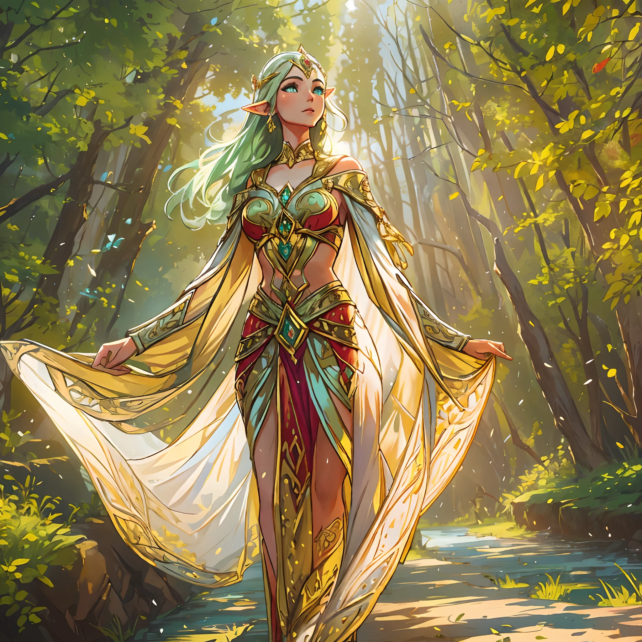 An elven woman gracefully strides forward, her head held high, adorned in regal attire that shimmers under the radiant sunlight.