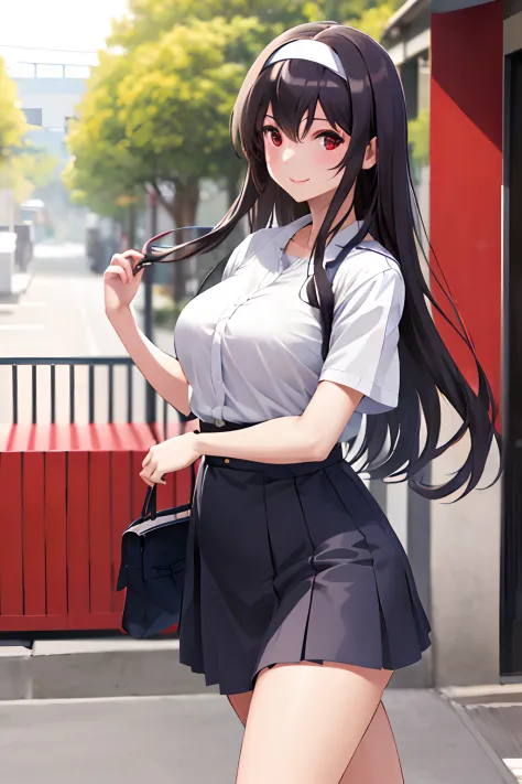 masterpiece, best quality, highres, kasumigaoka utaha, 1girl, long hair, black hair, hairband, red eyes, long legs, breasts, ban...