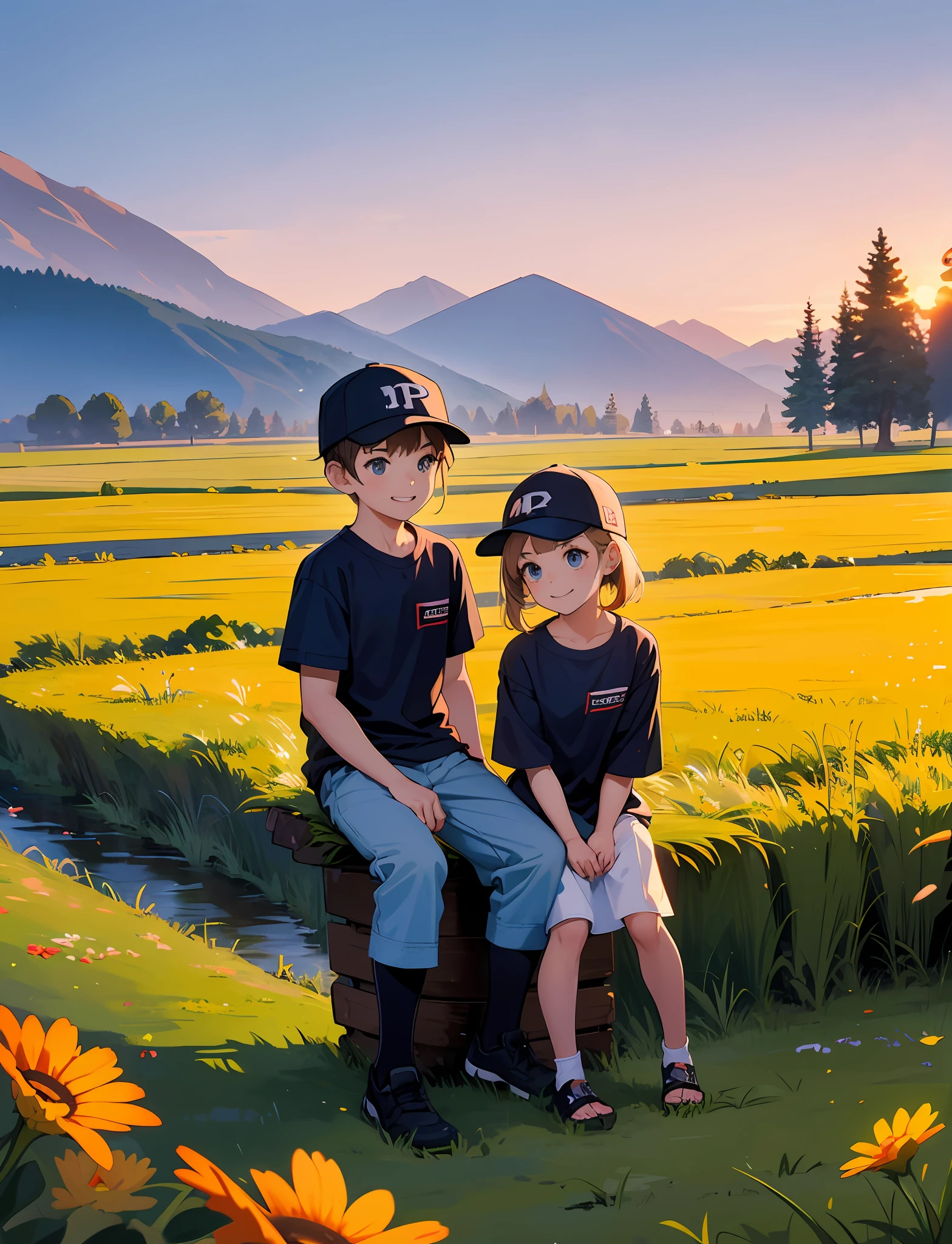 A happy little boy and ，Dressed in casual attire，With a baseball cap，Sit on the rocks of the meadow，The background is the village，Sunset and sunset，Face the camera，Full body photo，Ultra-high definition