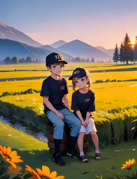 A happy little boy and little girl，Dressed in casual attire，With a baseball cap，Sit on the rocks of the meadow，The background is...