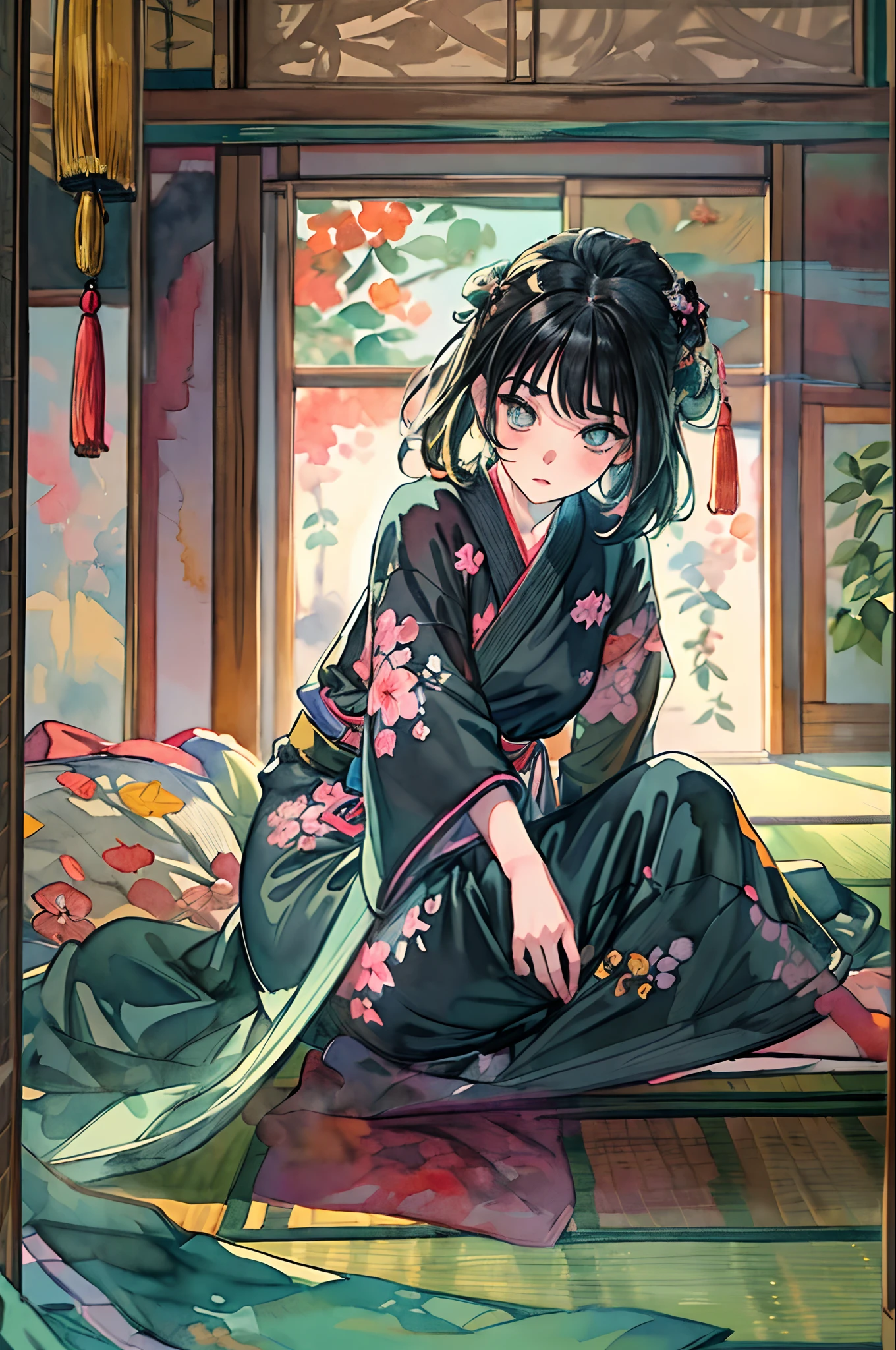 (masterpiece, best quality:1.43), watercolor, front side view, bright and saturated colors, ((beautiful 1girl with black hair and detailed face)), full body, (lower back and hip), perfect anatomy, knees on floor, bottom up, eyes, dress, ((indoors)), ((tatami)), (open window)