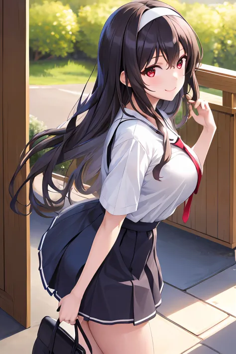 masterpiece, best quality, highres, kasumigaoka utaha, 1girl, long hair, black hair, hairband, red eyes, long legs, breasts, ban...