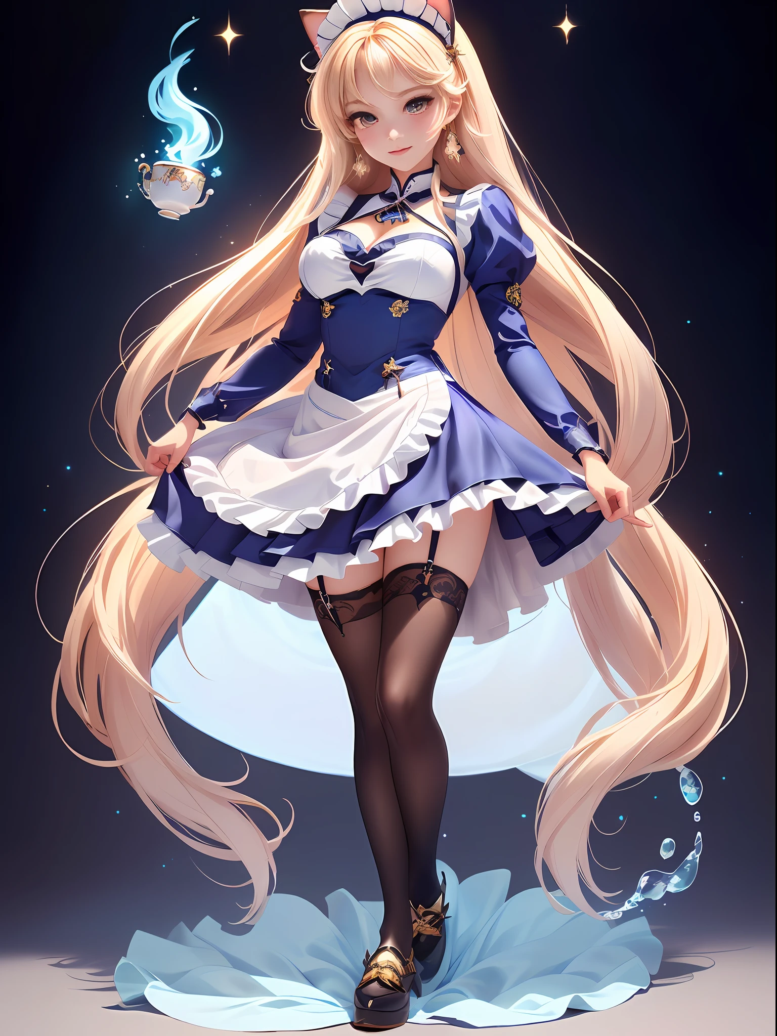 Uma mulher de vestido azul e branco segura uma xícara de chá, waifu de anime fofo em um lindo vestido, garota de anime em uma fantasia de empregada doméstica, meu vestido querido anime, Roupas de Bruxa Astral, Uma cena do《pista azul》videogame, lindo mago celestial, menina gato anime em uma fantasia de empregada doméstica, roupa de empregada, pista azul style, animes de splash art 