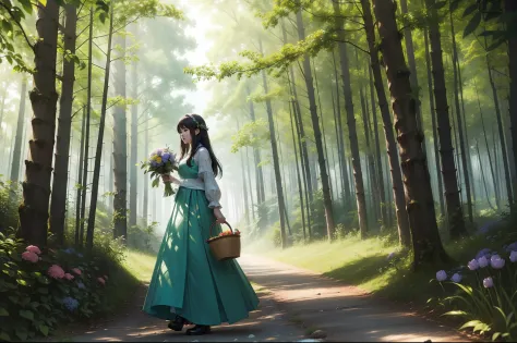 A girl walking along an ascedent path through a forest. She holds a basket of flowers. Conservative dressed. Hair on the wind. Rays of light filtering through the trees. Green trees intertwin their branches over the path. Bushes and some flowery plants und...