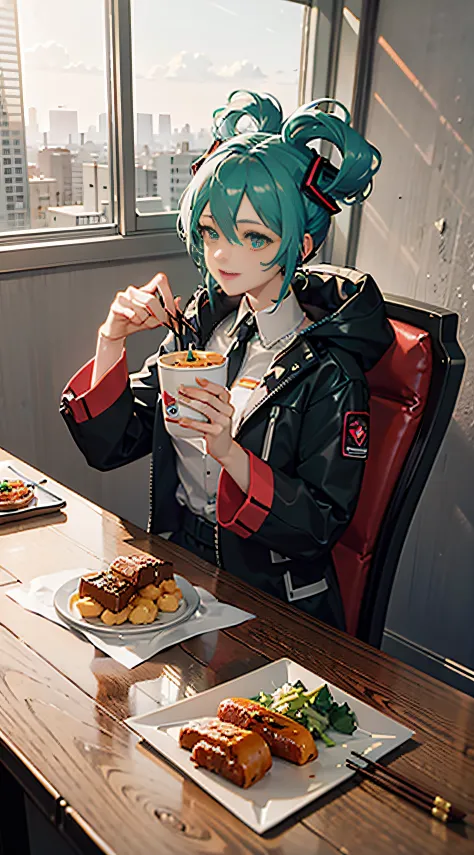 1 girl，down jacket，inside fast food restaurant，Hold chopsticks in your right hand，Rest your chin with your left hand，Hot meals，Bright colors，Bright eyes，A charming smile，Hold the dumplings with chopsticks and reach out to the camera，outstanding，The picture...
