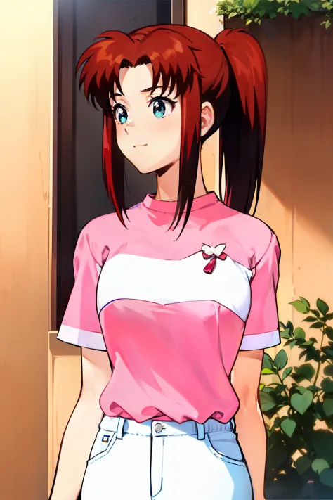 Animate，1girll，Crimson hair, Short pink sleeves，Short pink sleeves，Short sleeves with white stripes in the middle，There is a string of cherries between the pink and white of the clothes， Short-sleeved clothes also have white stripes on the cuffs，mediuml br...