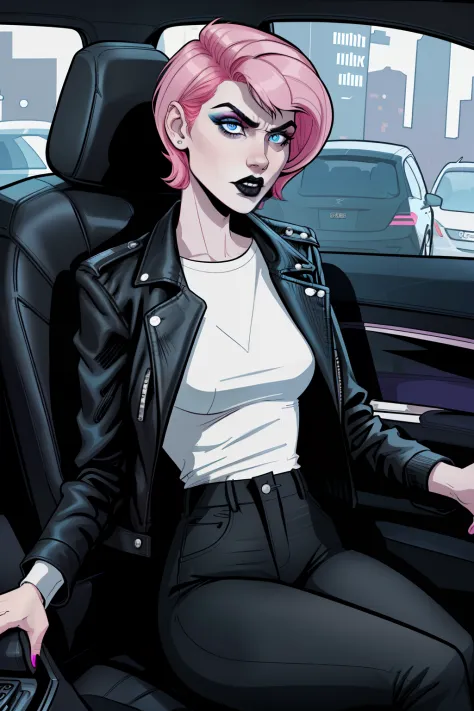 closup face of a woman, sitting inside a rolls-royece car backseat, black seat, pale blue eyes, detailed short pink hair Short Side Comb haircut, angry expression, black lipstick, small tits, wearing a leather jacket, black pants, shirt, white shirt, comic...